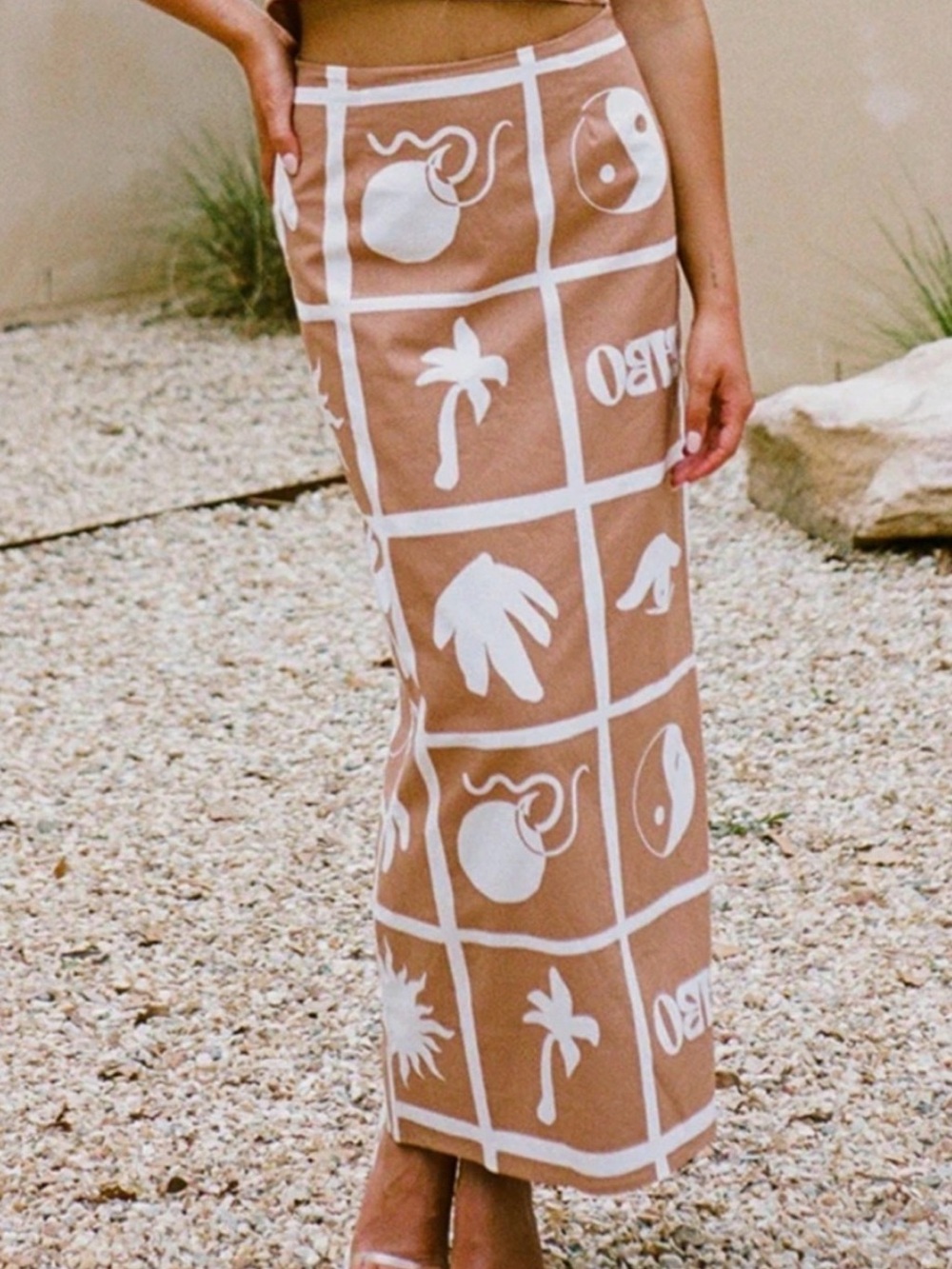 Sabo Sereno Side Slit Straight Long Skirt Brown White Print size small